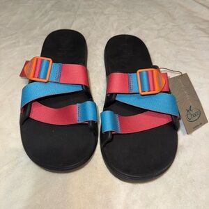 Chaco Sandals with Black Soles and Pink-Blue Straps
